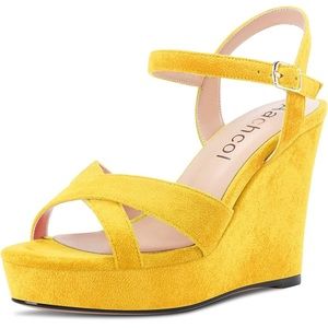 Yellow Suede Platform Ankle Strap Heels